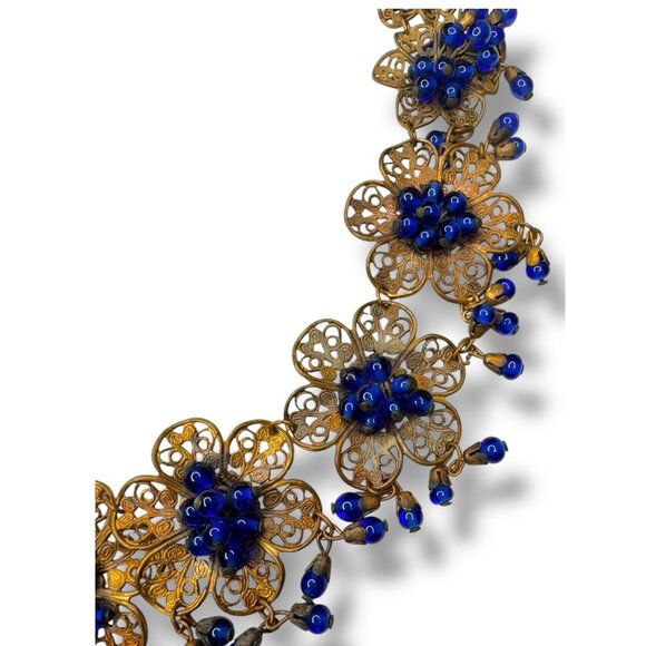 Vintage Miriam Haskell Filigree Floral Necklace Blue Glass Beads 1930s Pre-war - Picture 8 of 16